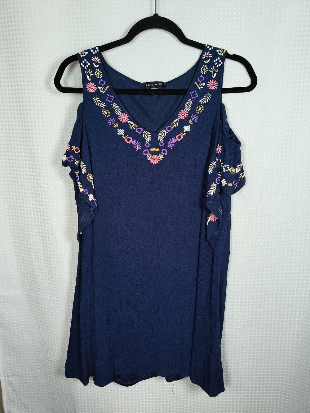 As You Wish Navy Blue Embroidered Cold Shoulder Boho Tunic Blouse Size Medium